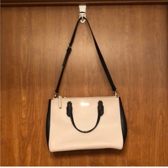Kate Spade Cream and Black Large Leather Satchel Handbag with Crossbody Strap. - Picture 3 of 10